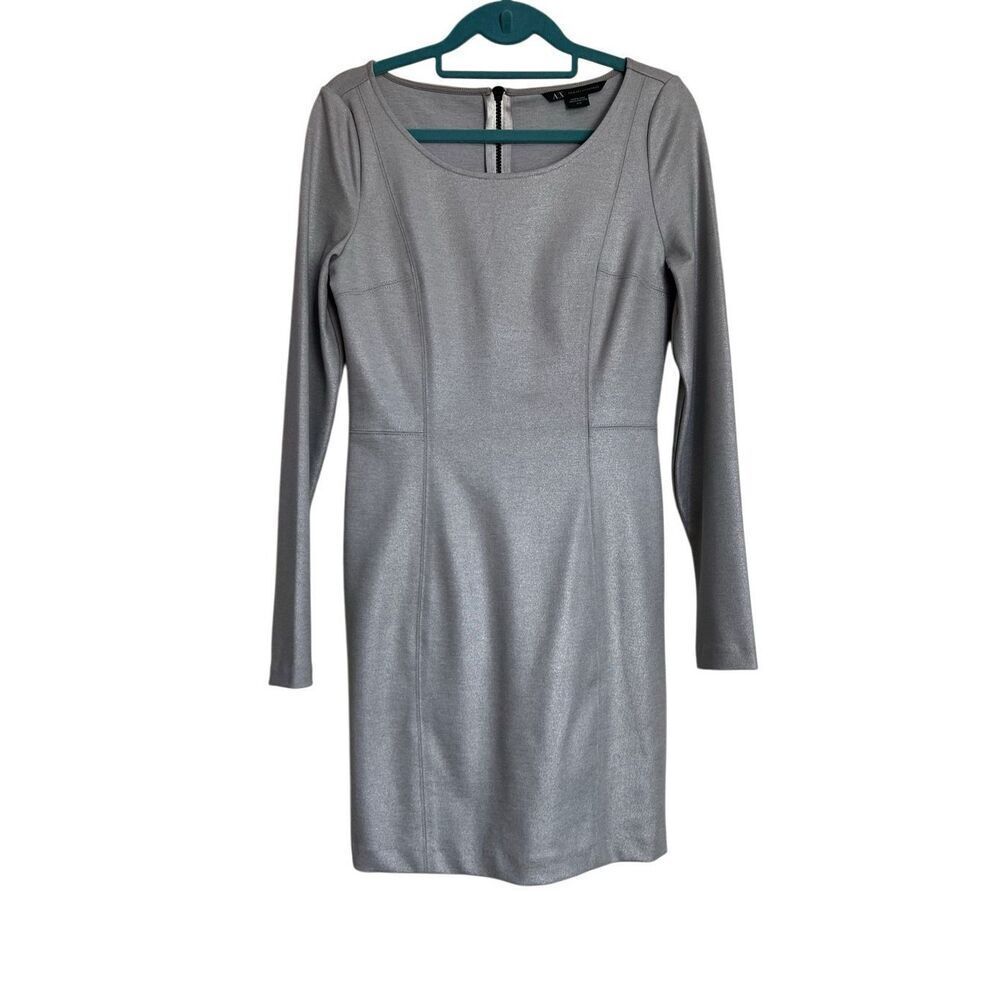 Armani Exchange Dress Womens Size Medium Silver Sheath Mini Long Sleeve Zip Back